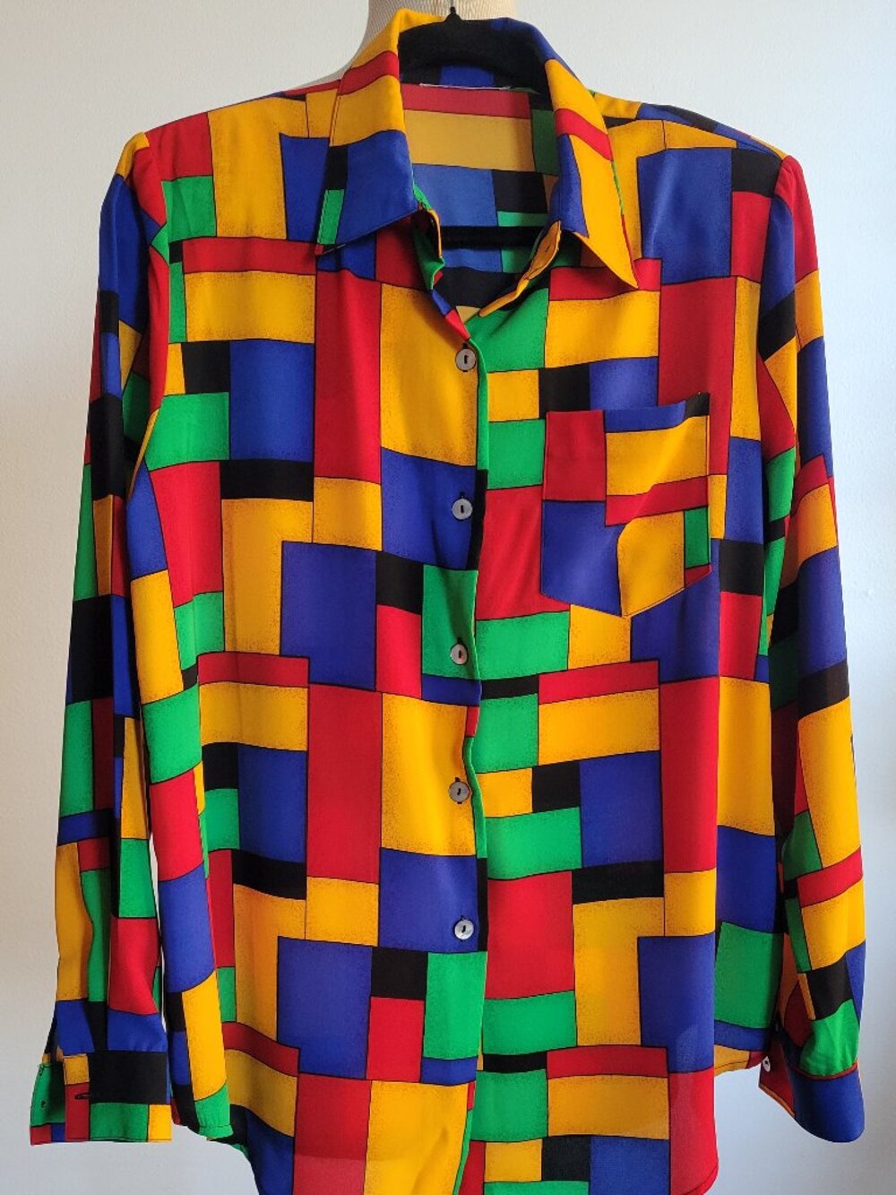 Vintage 80s/90s Geometric Colorblock Blouse | Mondrian-Inspired Retro Button-Dow